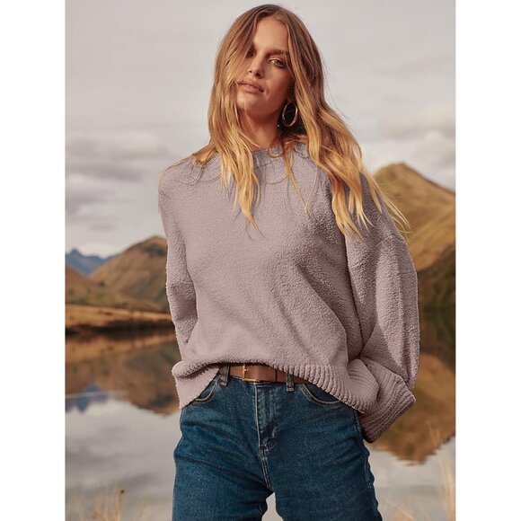 Women's Oversized Sweater Fuzzy Gray Purple Long Sleeve Casual Chunky Pullover - Picture 5 of 9